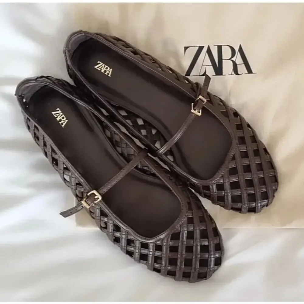 Zara Dark Brown Woven Mary Jane Flats - Picture 7 of 14